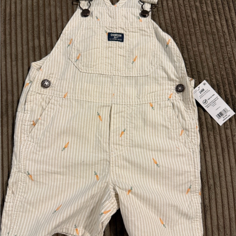 OshKosh B'gosh Cream Striped Overalls with Orange Carrot Print